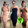 Kit 3 Vestidos Canelado Feminino Midi Moderno Justo Ajusta ao Corpo