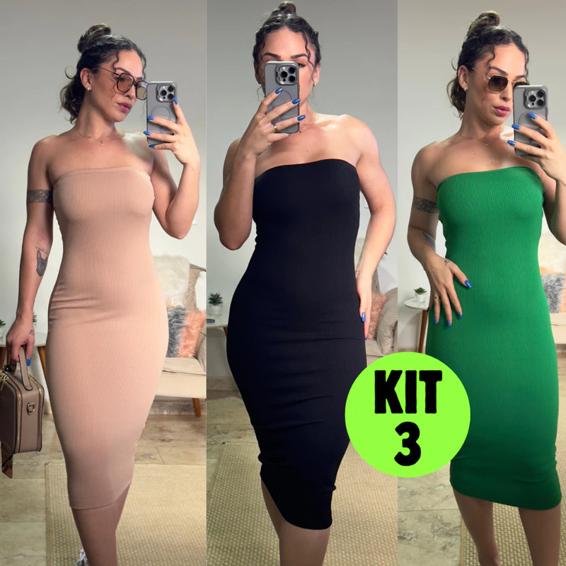 Kit 3 Vestidos Canelado Feminino Midi Moderno Justo Ajusta ao Corpo