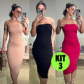 Kit 3 Vestidos Canelado Feminino Midi Moderno Justo Ajusta ao Corpo