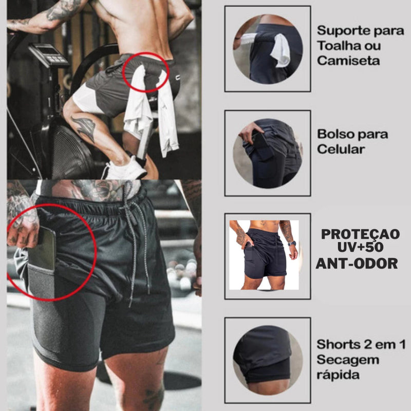 bermuda e shorts 2 em 1 academia e treino sport fit dry fit com elastano com proteçao uv alta qualidade