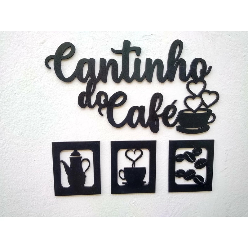 KIT CANTINHO DO CAFÉ 4 PEÇAS 30CM PRETO MDF ALTO RELEVO DECORAÇÃO CASA E COZINHA