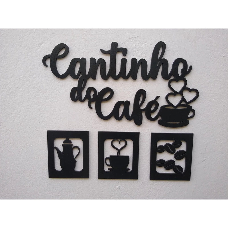 KIT CANTINHO DO CAFÉ 4 PEÇAS 30CM PRETO MDF ALTO RELEVO DECORAÇÃO CASA E COZINHA